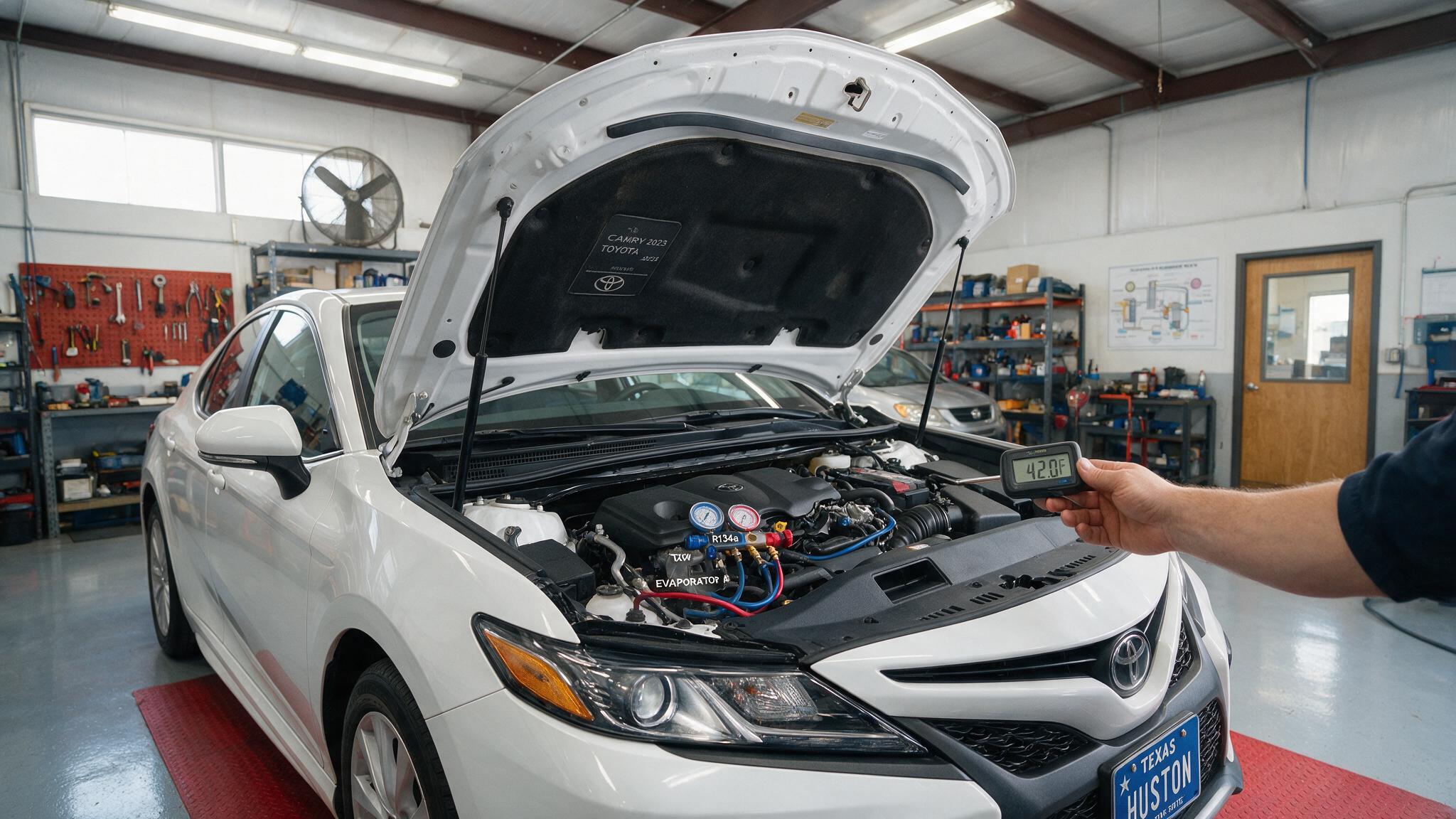 car AC technician checking vent temperature during an A/C diagnosis