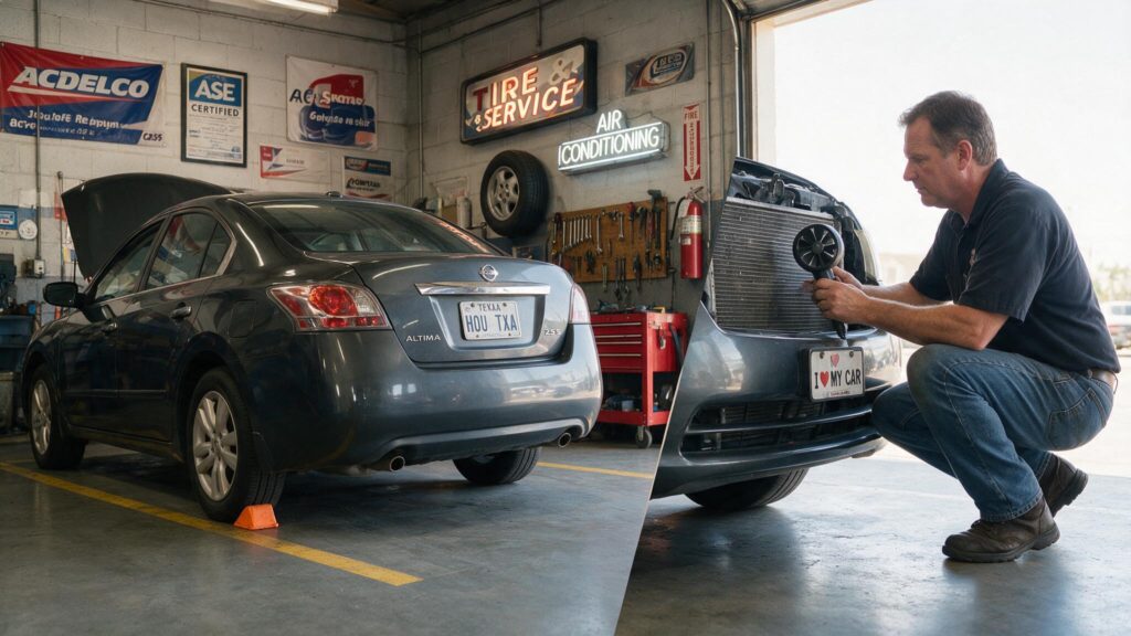 technician diagnosing car AC that gets warm at idle