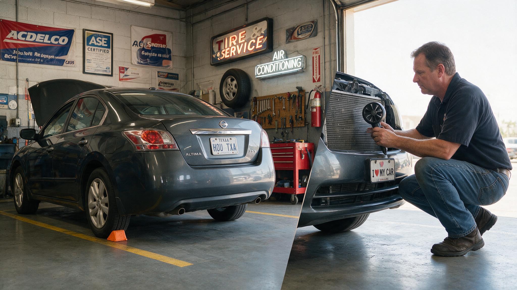 technician diagnosing car AC that gets warm at idle