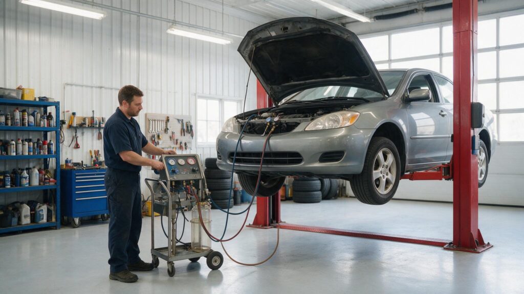 technician inspecting car AC refrigerant system for a leak