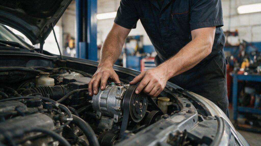 technician inspecting an automotive air conditioning compressor