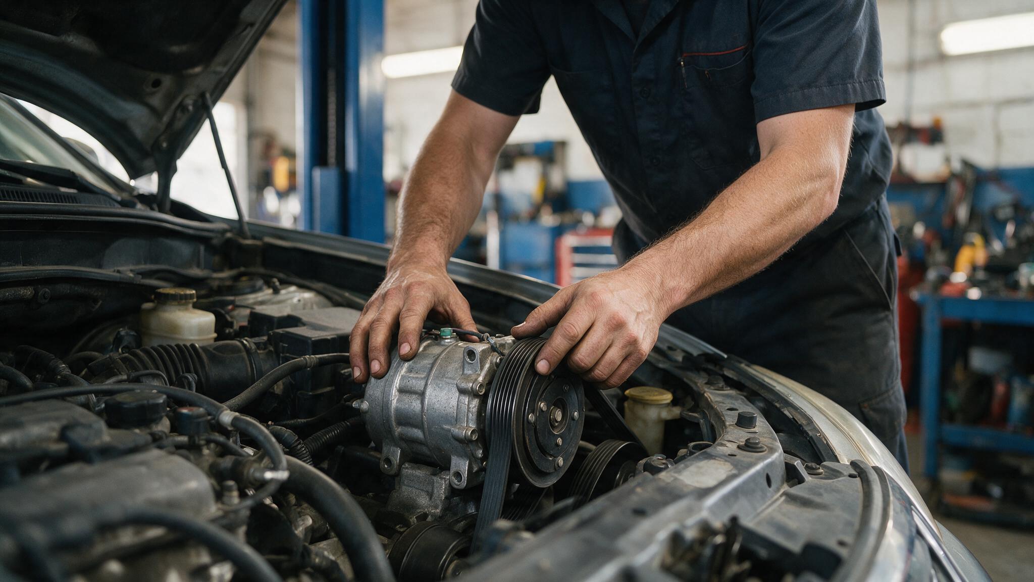 technician inspecting an automotive air conditioning compressor